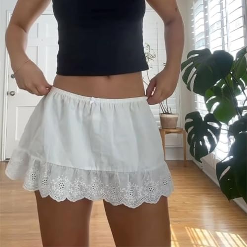 Women Eyelet Mini Skirt Low Rise Embroidered Lace Short Skirt Scallop Hem Pleated Ruffle Mini Skirts2