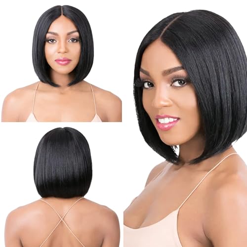 letcdfer Black Bob Wig with Bangs Short Human Hair New Natural Straight Wigs Flat Heat Resistant Synthetic 100% Density Color for Daily Party Cosplay 1 count - Image 3