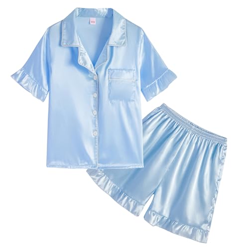 Summer Satin Pajama 2 Pieces Ruffles Sleeve Shorts Loung Sets Button Down Sleepwear for Teen Girls with Pockets