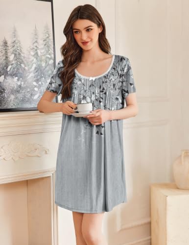 Image of Ekouaer Nightgowns for Women Pleated Sleep Shirts Short Sleeve Night Shirts