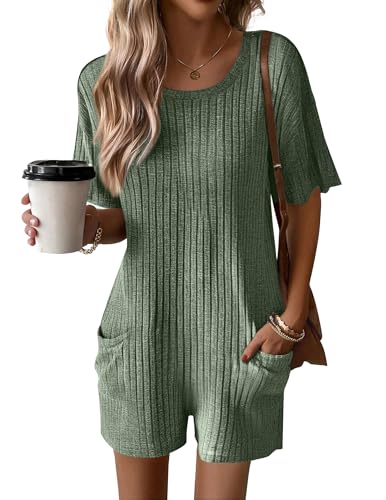 Ekouaer Rompers for Women Casual Ribbed Short Sleeve T-Shirt Tee Romper Summer Outfits with Pockets 2026 Green XL