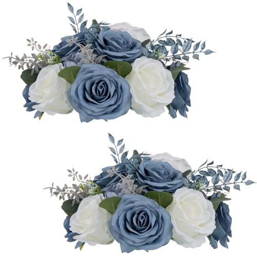NUPTIO Flower Ball Centerpieces for Tables: Dusty Blue & White Artificial Rose Fake Floral Arrangement for Wedding Party Centerpiece Decorations 9.4 Inch Diameter 2 Pcs