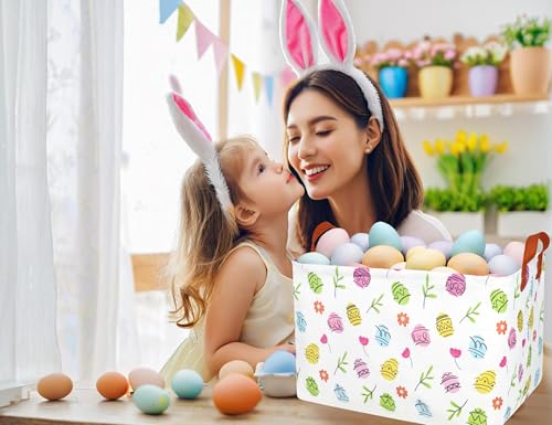 Image of Rectangle Empty Easter Baskets Boy Large Toy Storage Bin Girls collapsible Hamper Waterproof Canvas Box Kid Gifts Spring Decor( Brief Strokes Egg )
