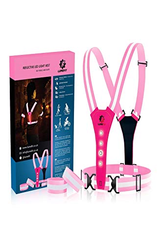 LUMEFIT Warnweste Reflektorweste Sicherheitsweste Reflektierende gelbe Laufwesten mit Armbändern High-Vis für die Sicherheit von Kindern Frauen Männern 8 helle LEDs Tag und Nacht Motorrad Radfahren