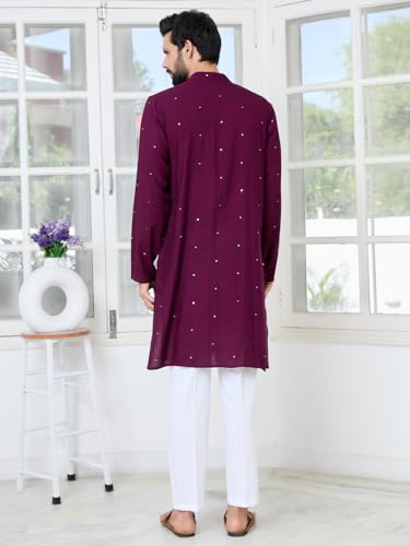 Image of See Designs Men's Full Sleeve Mandarin Collar Sequins Embroidered Chanderi Straight Long Kurta with Yoke Design - Festive Collection