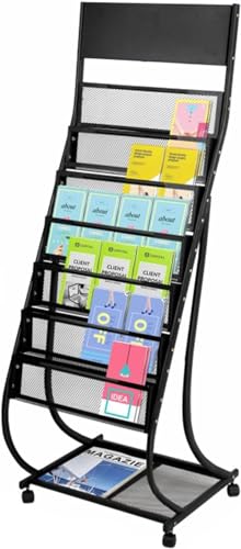 Porte-revues sur pied en métal noir à roulettes pour hall