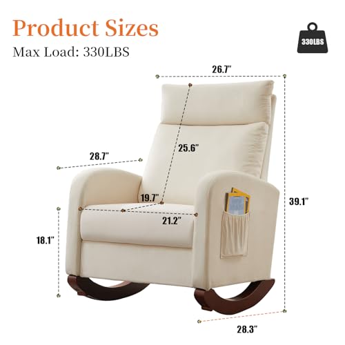 HIPIHOM Rocking Chair Nursery, Upholstered Glider Chair with Side Pocket, Modern Nursery Chair with High Backrest and Rubber Wood Legs, Accent Armchair for Living Room Bedroom Indoor (Beige Velvet) - Thumbnail 5