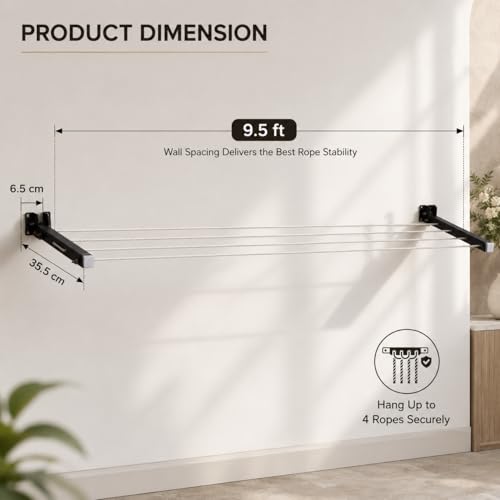 Image of TAGGY Heavy Duty 4 Layer Foldable Cloth Drying Stand for Balcony with 40 Feet Rope | Cloth Drying Stand | Wall Hanging Clothes Dryer Rack for Balcony & Indoor Wall Mounted Laundry Hanger Grey