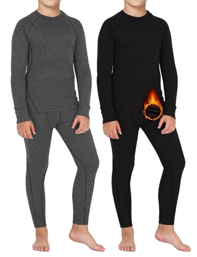 Dalavch 2 Sets Youth Boys Thermal Base Layer Long Johns Compression Leggings And Shirts Fleece Lined Underwear For Kids Girls 1 Black 1 Grey Large cover