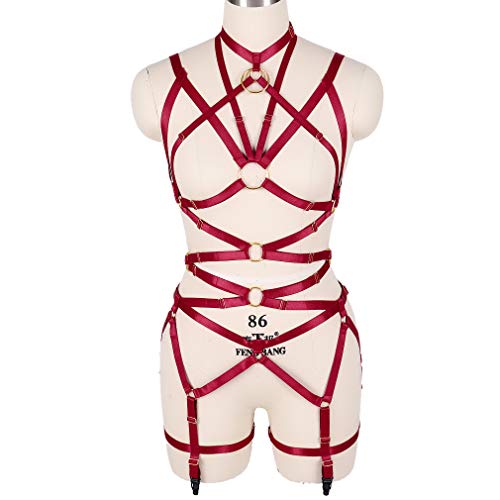 BBOHSS Damen Body Harness BH Vollelastischer Gürtel Verstellbarer elastischer Punk-Tanz Karneval Gothic Anzug Kleidung Zubehör (Weinrot)