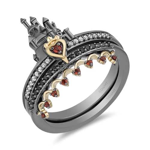 Jewelili Enchanted Disney Fine Jewelry 14K Yellow Gold over Sterling Silver with 1/6 CTTW Diamond and Garnet Evil Queen Duo Stack Duo Stack Ring