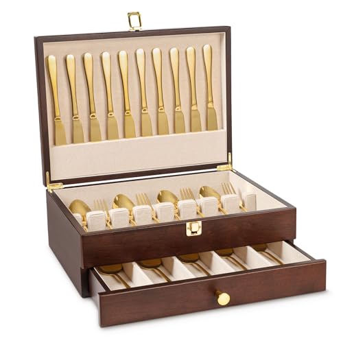 Yoimori Silverware Storage Box, 2-Layer Flatware Storage Case with Drawer,
