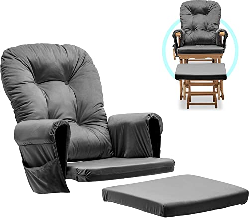 ONPNO Glider Rocker Replacement Cushions Set - 5PCS Back/Seat/Footstool/Arms Thicken Cushions for Nursery Wooden Rocking Chair Universal, Soft Velet Cover Easy to Clean, w/Storage Pocket, Dark Grey