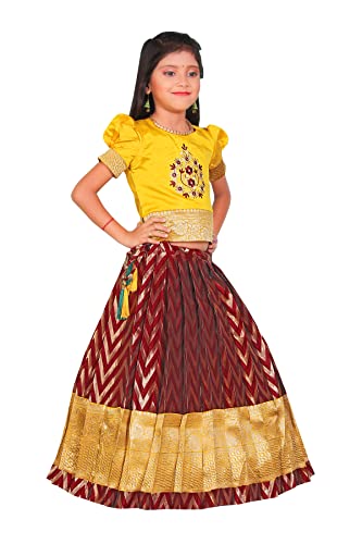 Image of FELIZ THE DESIGNER STUDIO Girl's Readymade Traditional Pattu Pavadai Lehenga Choli Kids( Yellow-Maroon 18-24 Months )