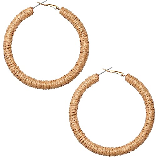 COLORFUL BLING Handmade Rattan Earrings Large Circle Braided Straw Wicker Rattan Earrings Bohemian Circular Statement Drop Hoop Earrings-I Brown