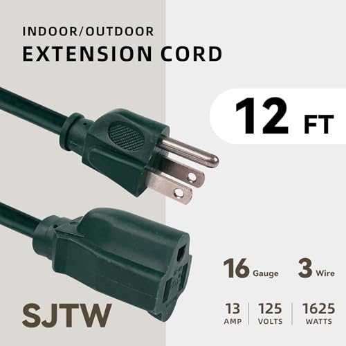 Image of 12ft Outdoor Extension Cord for Christmas Decorations- 16 /3 Heavy Duty SJTW Waterproof Green Electrical Cable with 3 Prong Grounded Plug for Safety, Great for Lawn and Major Appliances