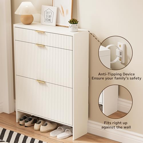 Image of Fluted Shoe Cabinet Storage with 2 Flip Drawers & 1 Drawers, Wood Narrow Hidden Shoe Cabinet with Shelf for Entryway, Freestanding Slim Shoe Rack Organizer for Hallway Living Room(White)