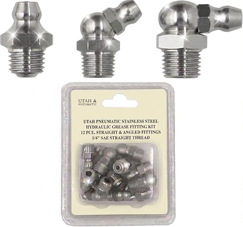 Image of 1 /4 inch SAE Stainless Steel Grease Fitting Zerk Nipples 12-Piece Kit | Assorted Straight 45 & 90 Degree Hydraulic Angle Zerks. Rustproof Marine Stainless Steel for Automotive & Boat Maintenance