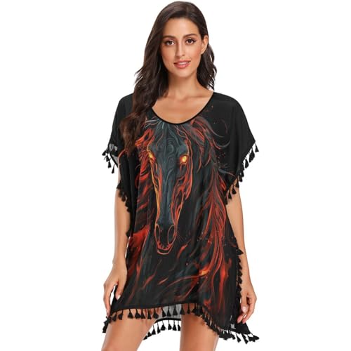 Fire Cool Animal Horse Women's Beach Cover Up Chiffon Tassel Swimwear Swimsuit Coverups for Girl