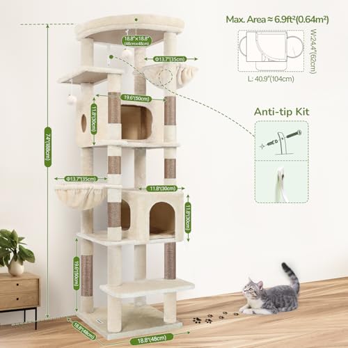Image of Globlazer Heavy Duty Cat Tree, 74in Sturdy Cat Tower for Large Cats Adult, Big Cat Tree with 7 Sisal Scratching Posts, 2 Padded Condos, 2 Dual-Ear Hanging Baskets, Enlarged Top Perch, S74, Beige