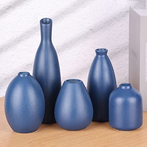 Blue Ceramic Vase - Set of 5 Blue Bud Vases, Modern Farmhouse Navy Blue Decorative Vases for Home, Office, Living Room, Table Decor - Ideal Centerpieces for Flowers, Shelf and Fireplace Accents