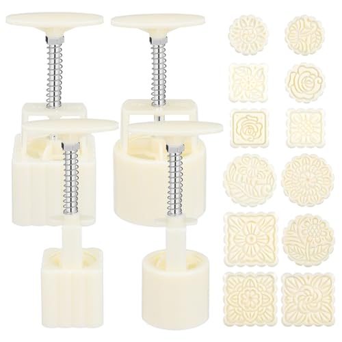 Alipis Mooncake Mold Set Hand Press Traditional Chinese Moon Cake Mold with 4 Buckets and 12 Floral Stamps for Mid Autumn Festival Homemade Baking Tool