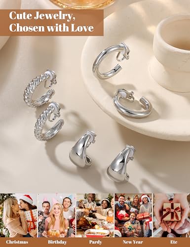 Image of BESTEEL 3Pairs Clip on Earrings for Women Trendy Hypoallergenic 14K Gold Plated Chunky Tube Croissant Waterdrop Clip-on Hoop Earrings Set Fake Jewelry Non Pierced Ears