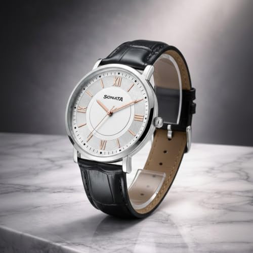 Image of Sonata Verve Quartz Analog with Silver Dial Black Geniune Leather Strap Watch for Men - 77189SL01