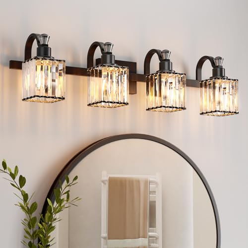 Image of GarveeTech Bathroom Vanity Light Fixtures Modern Crystal Vanity Light Fixtures Over Mirror, 4 Light Modern Crystal Wall Lighting with Square Shade(Black)