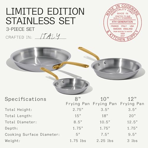 Image of Made In Cookware - 3-Piece (Includes 8 inch,10 inch,12 inch) Stainless Frying Pan Set (Antique Brass Handle) - 5 Ply Stainless Clad - Professional Cookware - Crafted in Italy - Induction Compatible