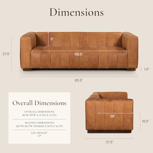 Image of POLY & BARK Canale Sofa - 86 inch Channel-Tufted Italian Leather Couch - Cognac Tan Full-Grain Pure-Aniline or Semi-Aniline Leather, Solid Wood Frame & Legs