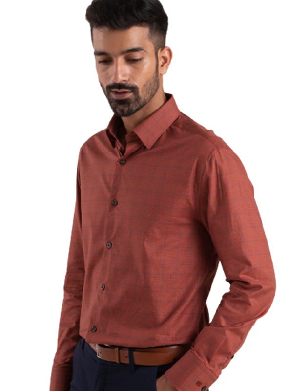 Image of Andamen Men's Cotton Regular Fit Full Sleeves Terracotta Grid Shirts