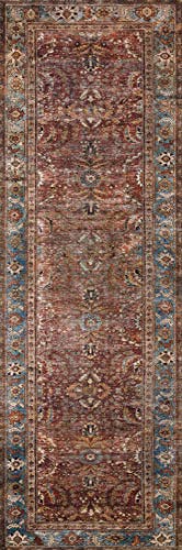 Loloi Layla Collection LAY-01 Brick/Blue 2'-6" x 9'-6" .13" Thick Runner Rug, Soft, Durable, Vintage Inspired, Distressed, Low Pile, Non-Shedding, Easy Clean, Printed, Living Room Rug