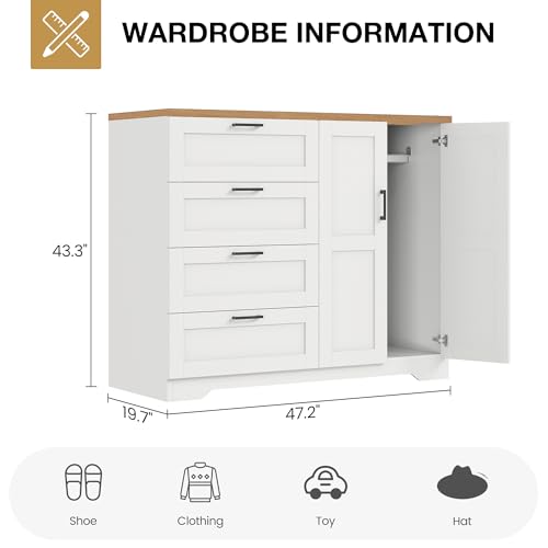 GarveeHome Multifunctional Wooden Dresser for Bedroom, 43.3'' H 2 Door Wardrobe Armoire Closet with 4 Drawers and Hanging Rod, Low Storage Cabinet for Hanging Cloth, White and Brown