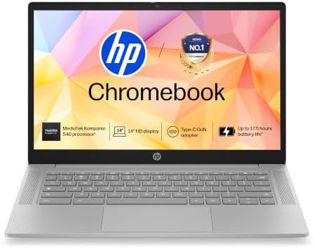 HP Chromebook 14, MediaTek Kompanio 540 (4GB LPDDR5, 128GB UFS) HD, Anti-Glare, Micro-Edge, 14''/35.6cm, ChromeOS, 100 GB Google One(1yr), Modern Gray,1.35kg, nm0004MU, HD Camera w/Shutter Laptop