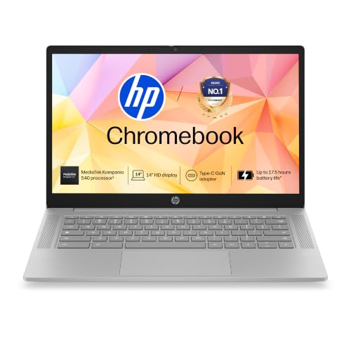 Image of HP Chromebook 14, MediaTek Kompanio 540 (4GB LPDDR5, 128GB UFS) HD, Anti-Glare, Micro-Edge, 14'' /35.6cm, ChromeOS, 100 GB Google One(1yr), Modern Gray,1.35kg, nm0004MU, HD Camera w /Shutter Laptop
