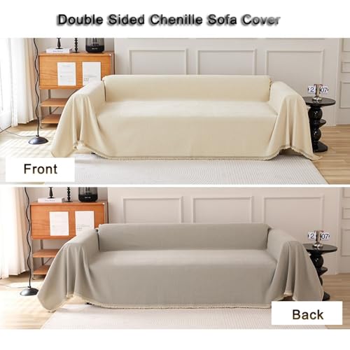 Housse de canapé double face en chenille RKK beige à pompons