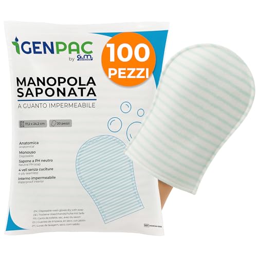 100 Manopole Saponate Monouso di Alta Qualità, Impermeabili all'interno, con Soffice Spugna Esterna, Guanti Saponati Monouso Delicatamente Profumati, Senza Risciacquo, Guanti Saponati per Anziani
