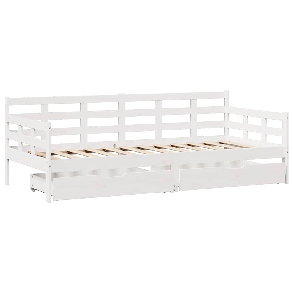 Lit de jour avec tiroirs en pin massif blanc, 90 x 190 cm, avec sommier à lattes et espace de rangement, pour chambre d'amis et d'adolescent, peu encombrant et stable