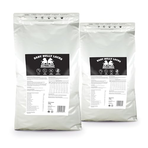 BULL & BULLY- Baby Bully Lachs 2x15kg Hundefutter Trocken- Trockenfutter & Hundeleckerli mit extra kleinen Kroketten für Starke, aktive Welpen & Junghunde- Leckerlis für Hunde mit viel Protein