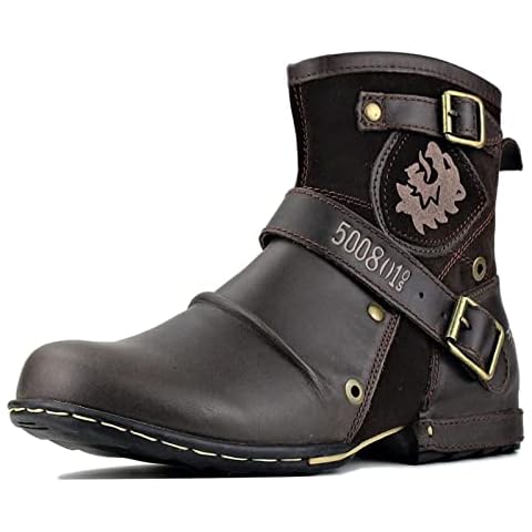Men's Western Ankle High Cowboy Motorcycle Riding Pointy Toe Moto Dress Boots Side Zip Closure Leather Chukka Boots Non-Slip Vintage (Color : Coffee, Size : 10 UK) Cover