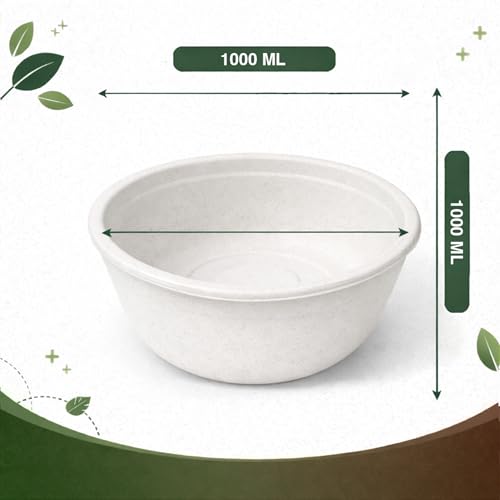 Image of Eco Aaroyaa Disposable Bagasse Bowls - 1000 ML - Pack of 25 Biodegradable Disposable Bowls - Eco-Friendly Dip, Sauce, Chutney & Dessert Cups - Leak-Resistant Small Serving Bowl (Pack of 25)
