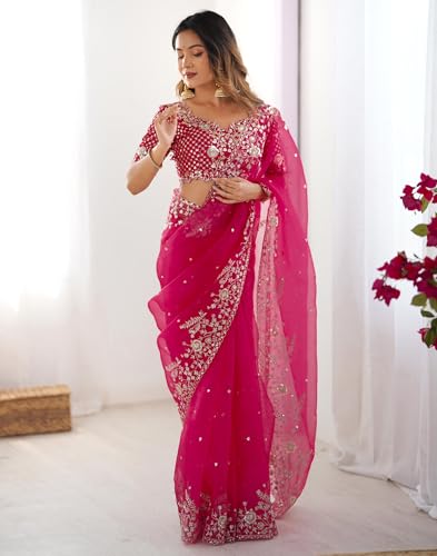 Image of SIRIL Women's Organza Sequence Embroidery Saree With Unstitched Blouse Piece