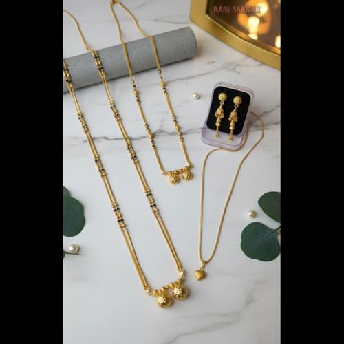 Image of Short & Long Mangalsutra Combo for Women | Gold Plated Black Beads Necklace Set with Heart Shape Pendant & Earrings | Traditional Bridal Jewellery for Special Occasions