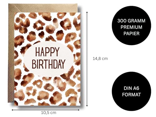 WBdesignz Geburtstagskarte mit Leopardenmuster mit Umschlag - Süße Glückwunschkarte „Happy Birthday“ in Leo Wasserfarben-Optik für Frauen & Männer - Trendige Geschenkkarte zum Geburtstag (DIN A6)