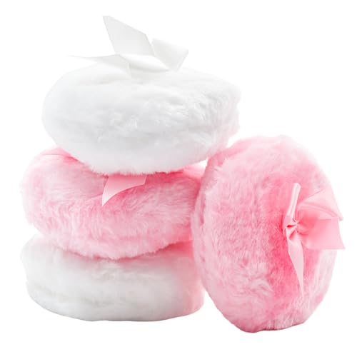 Yinluluna 4pcs Large Fluffy Powder Puffs Set, 3.5 Soft Loose Puff with Ribbon Handle, Washable Reusable Makeup Puffs for Face and Body (2 White, 2 Pink)
