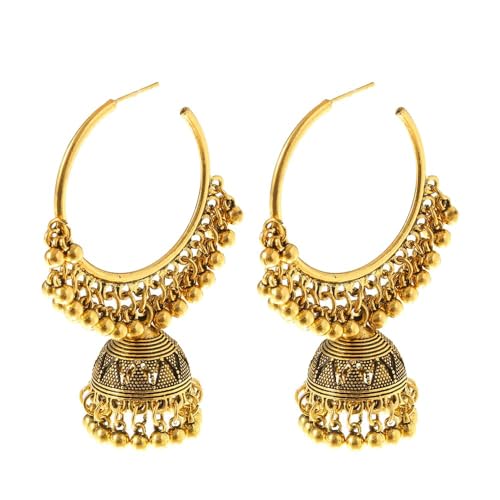 Orecchini pendenti retrò indiani Jhumki Bell Huggie Hoop Orecchini Bollywood ossidato tradizionale Jhumka goccia grandi orecchini a cerchio aperti gioielli Boho regalo per donne ragazze (Oro)