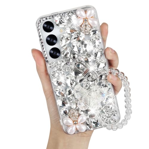 Coque Samsung S25 avec chaîne papillon 3D blanc et strass