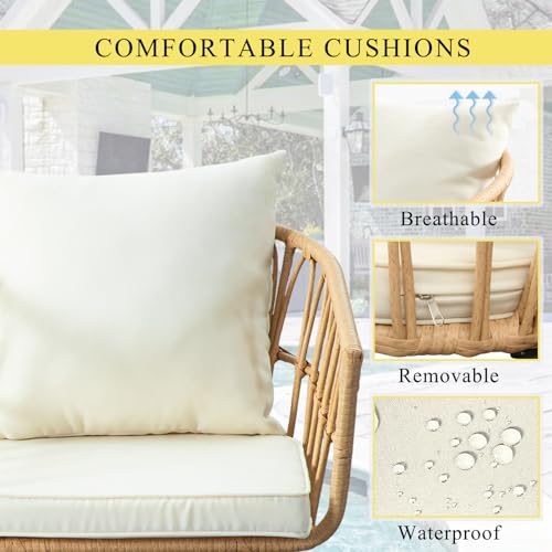 HYDRAGARDEN 3 Piece Patio Bistro Set, Outdoor Wicker Conversation Chair Sets Balcony Furniture with Coffee Table & Cushions, All-Weather Rattan Table and Chairs Set for Porch Backyard Deck Poolside
