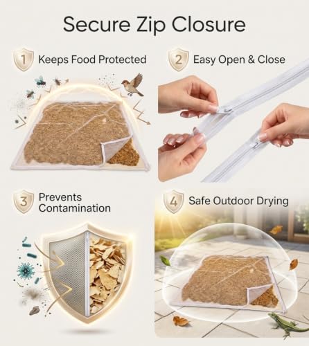 Image of 150x150 cm Unbleached Cotton Drying Cloth with Mesh Net & Zipper | Breathable Food Drying Cover for Papad, Vadagam, Spices, Grains, Millets & Herbs | Reusable Washable